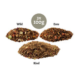 Trockenbarf Probierpaket-Mix Rind, Wild, Ente mit Obst und Gemüse.