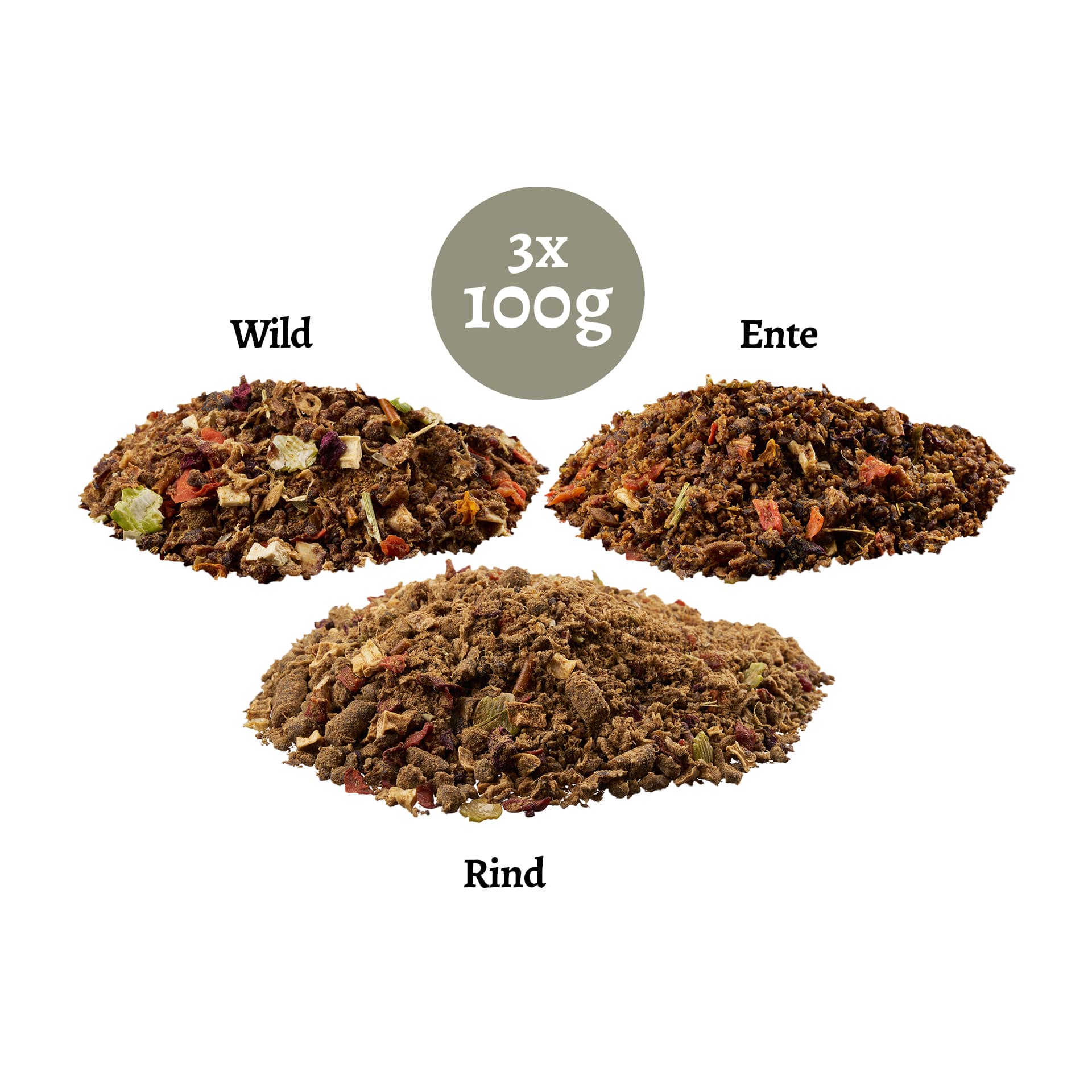 Trockenbarf Probierpaket-Mix Rind, Wild, Ente mit Obst und Gemüse