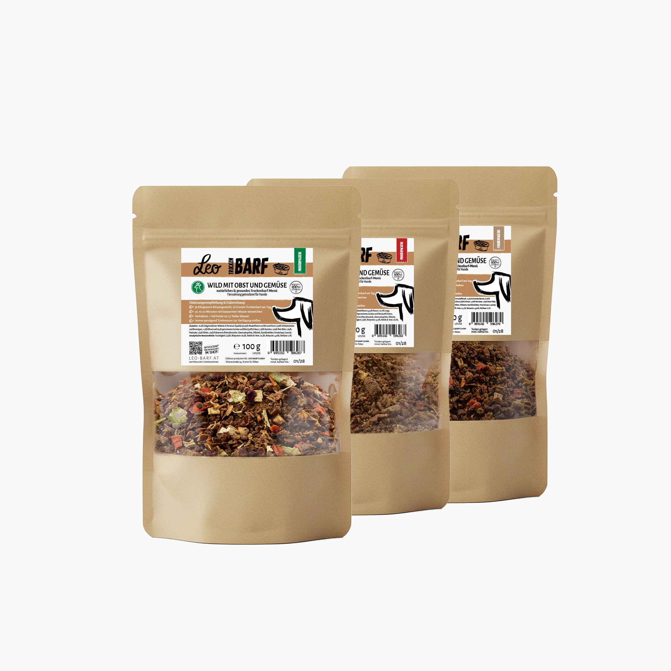 Trockenbarf Probierpaket-Mix Rind, Wild, Ente mit Obst und Gemüse