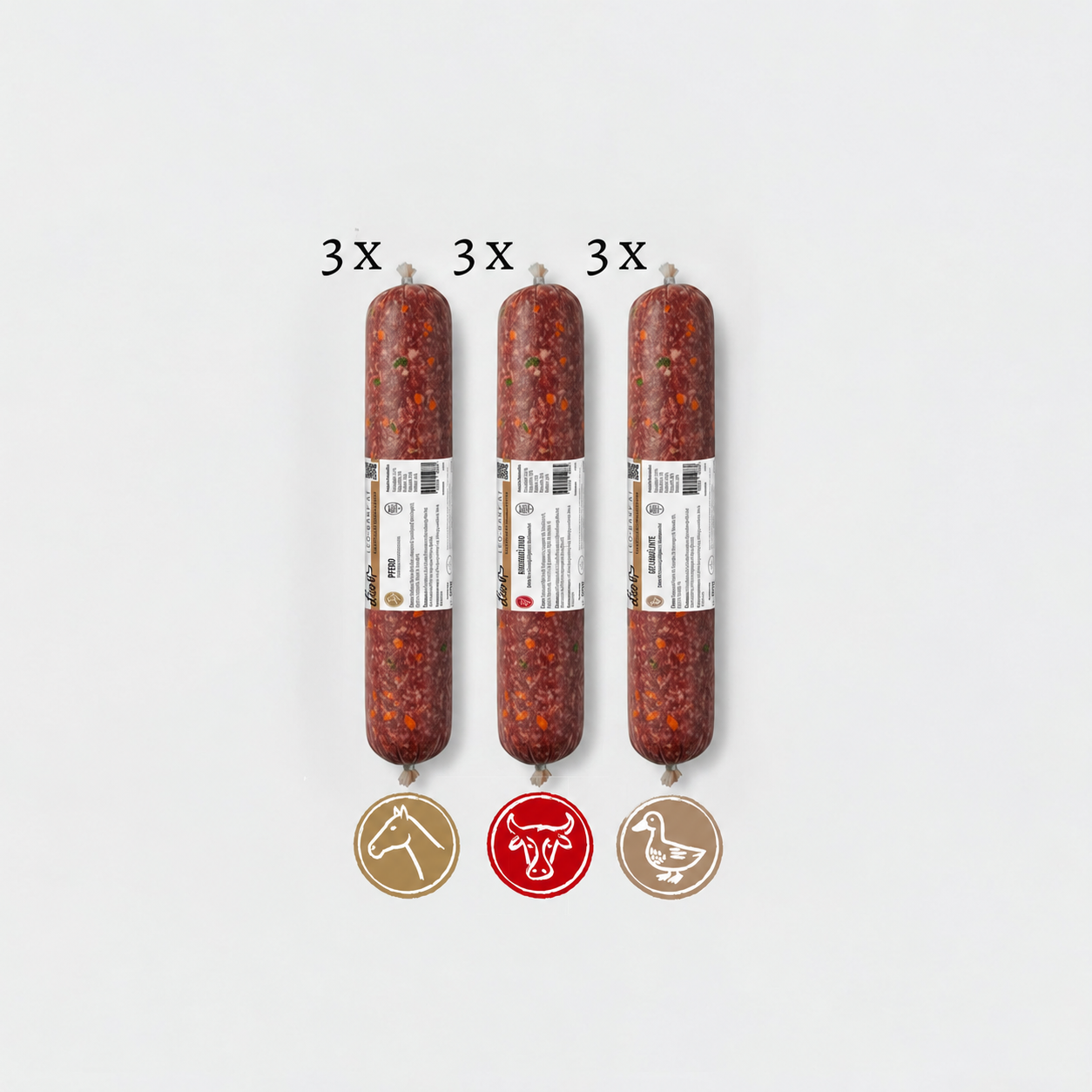 Leo Barf Probierpaket Vollwert-Rollen – Rind · Ente · Pferd